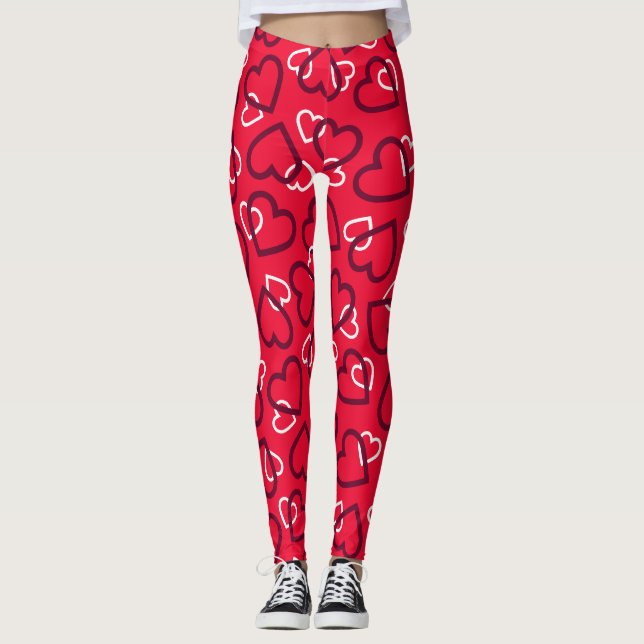 Random Red Outlined Hearts Pattern Leggings (Front)