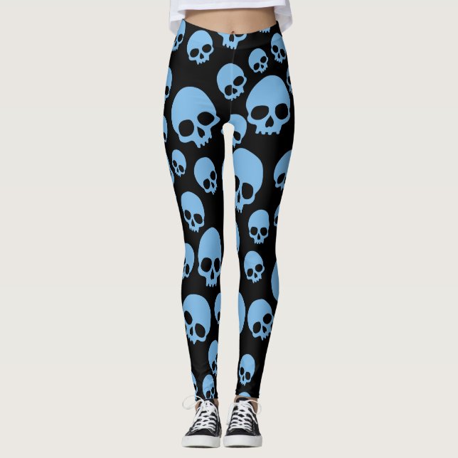 Random Skull Pattern Blue Black Leggings (Front)