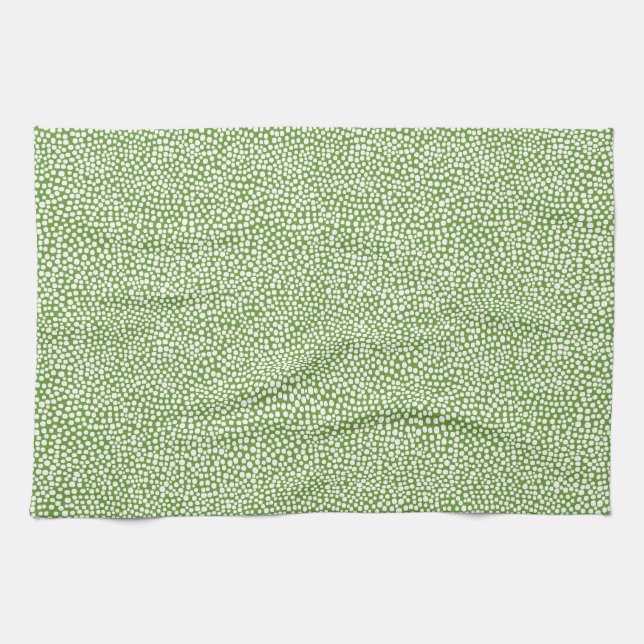 Random Spots - White on Avocado Green Tea Towel (Horizontal)