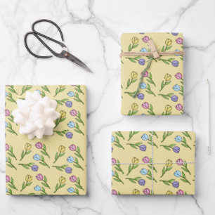 Random Spring Flowers Tulips Easter Wrapping Paper Sheet
