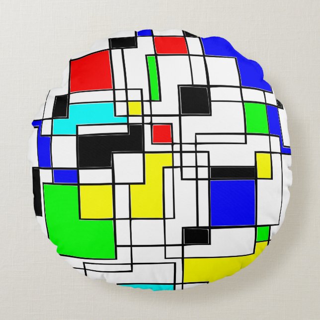 Random Squares Homage To Mondrian Round Cushion (Front)