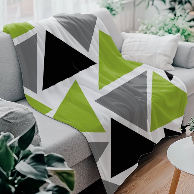 Random Triangles Lime Green Grey Black on White Fleece Blanket (Creator Uploaded)