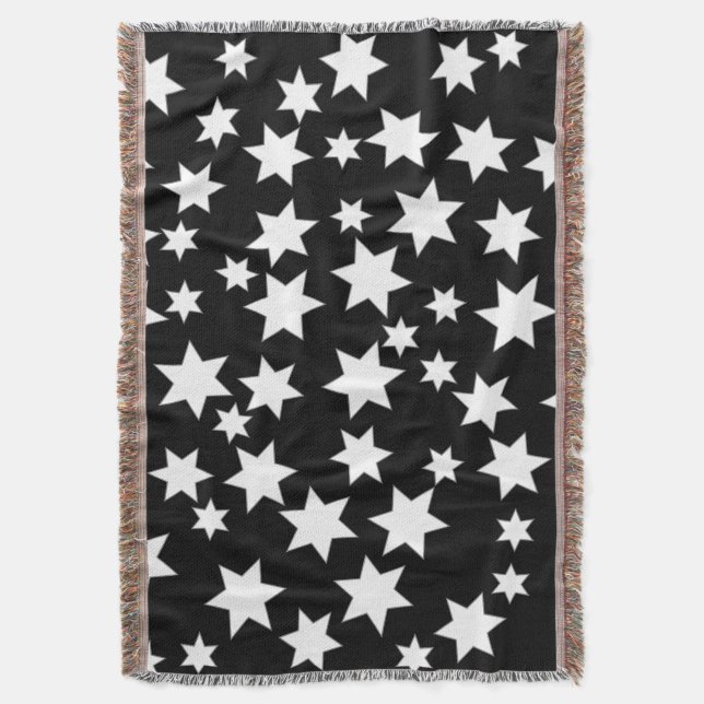 Random White Stars on Black Throw Blanket (Front Vertical)