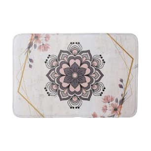 Rangoli Floral Art, Pink and Grey Calming Harmony Bath Mat