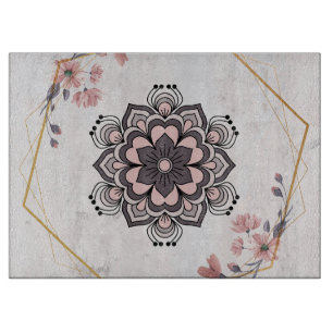 Rangoli Floral Art, Pink and Grey Mandala Design Cutting Board