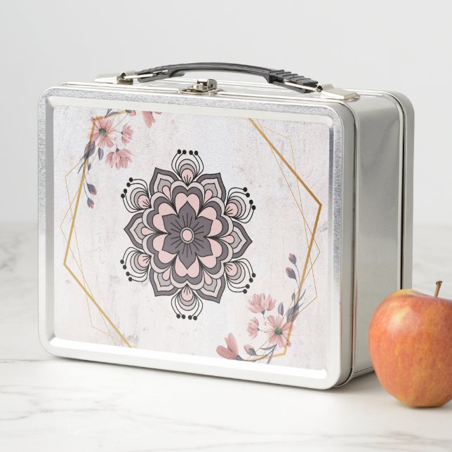 Rangoli Floral Art, Pink and Grey Mandala Pattern Metal Lunch Box (In Situ)
