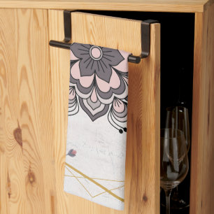 Rangoli Floral Art, Pink and Grey Mandala Vibes Tea Towel