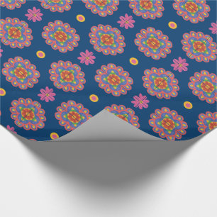 Rangoli, Flowers and Polka Dots on Blue Giftwrap Wrapping Paper