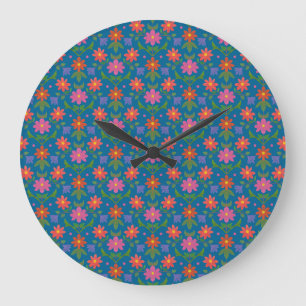 Rangoli Flowers Polka Dot Blue Round Wall Clock