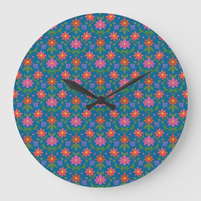 Rangoli Flowers Polka Dot Blue Round Wall Clock (Front)