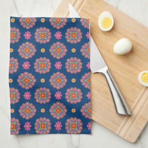 Rangoli, Flowers, Polka Dots, Blue Kitchen Towel