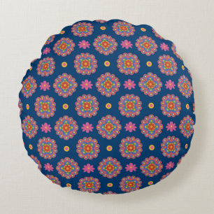 Rangoli, Flowers, Polka Dots, Blue Round Pillow