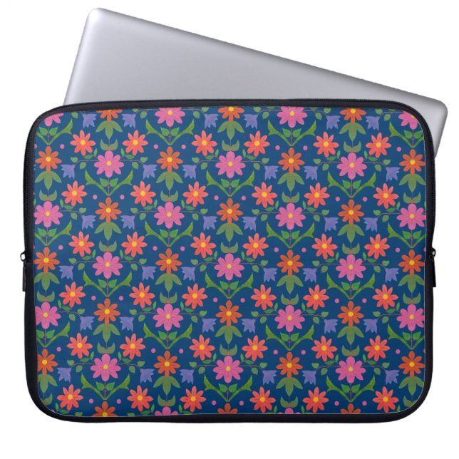 Rangoli Flowers, Polka Dots on Blue Laptop Sleeve (Front)