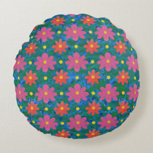 Rangoli Flowers, Polka Dots on Blue Round Pillow