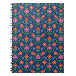 Rangoli Flowers Polka Dots on Blue Spiral Notebook