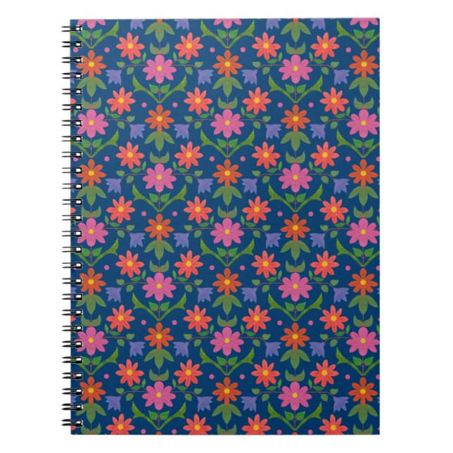 Rangoli Flowers Polka Dots on Blue Spiral Notebook (Front)