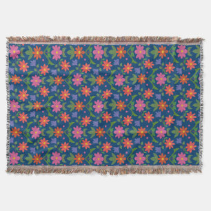 Rangoli Flowers Polka Dots on Blue Throw Blanket