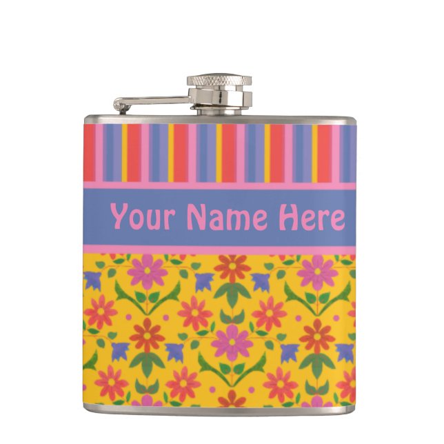 Rangoli Flowers, Stripes Hip Flask to Personalise (Front)