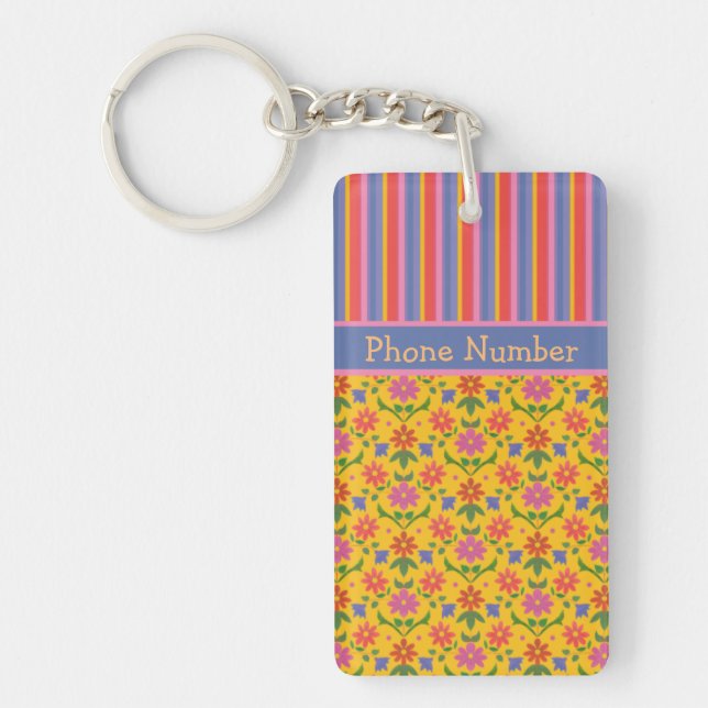 Rangoli Flowers, Stripes Keychain to Personalise (Front)