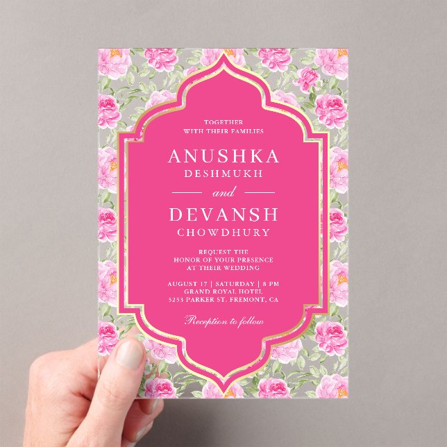 Rani Pink Floral Pattern Indian Wedding Acrylic Invitations (Insitu (Handheld))
