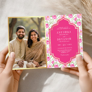 Rani Pink Floral Pattern QR Code Indian Wedding Invitation