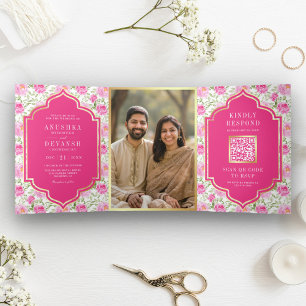Rani Pink Floral Pattern QR Code Indian Wedding Tri-Fold Invitation