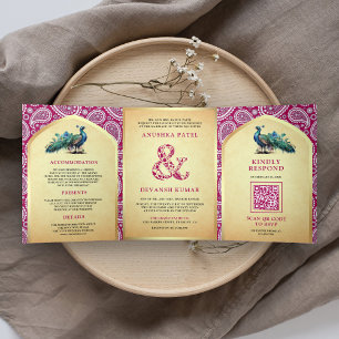 Rani Pink Paisley Indian Peacock QR Code Wedding Tri-Fold Invitation