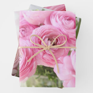 Ranuculus flowers in pink shades wrapping paper sheet