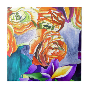 Ranunculus and Iris watercolour art Ceramic Tile
