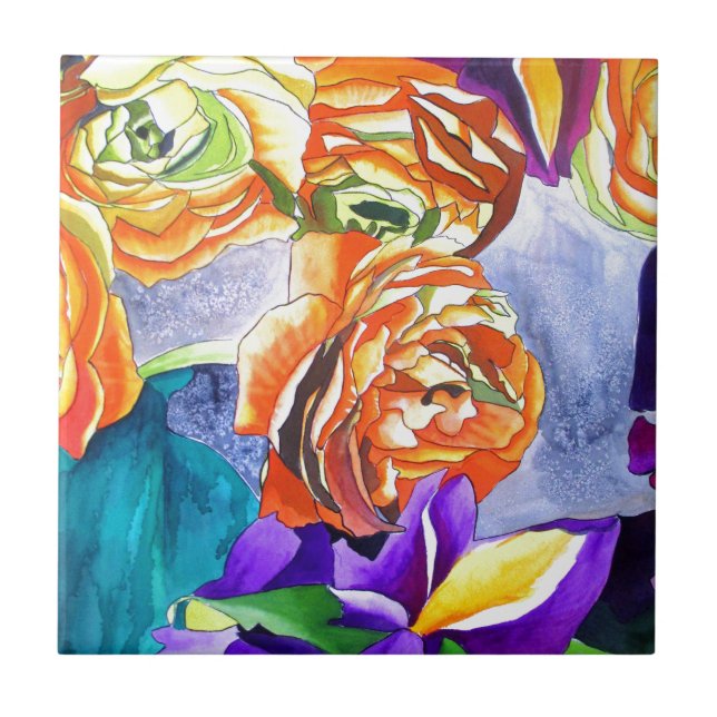 Ranunculus and Iris watercolour art Ceramic Tile (Front)