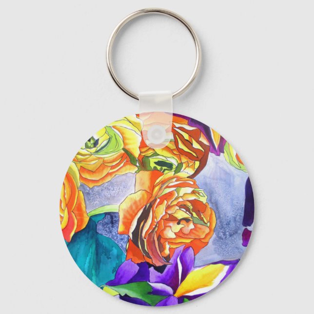 Ranunculus and Iris watercolour art Key Ring (Front)
