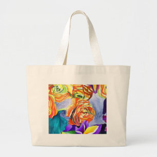 Ranunculus and Iris watercolour art Large Tote Bag