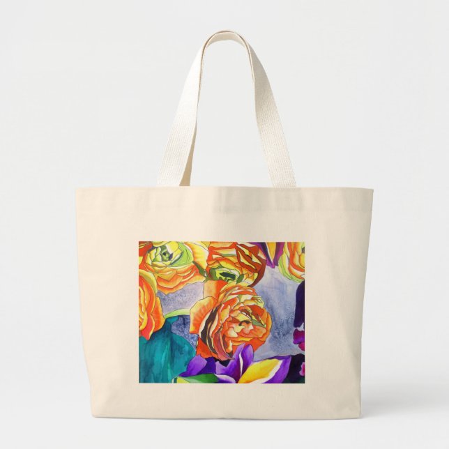 Ranunculus and Iris watercolour art Large Tote Bag (Front)