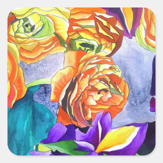 Ranunculus and Iris watercolour art Square Sticker (Front)