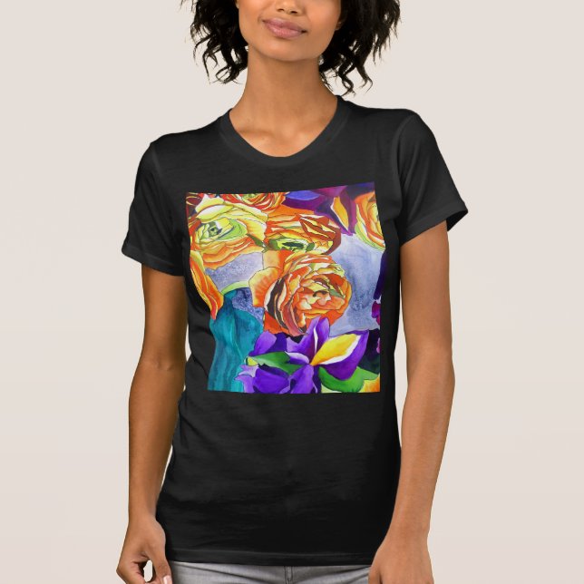 Ranunculus and Iris watercolour art T-Shirt (Front)
