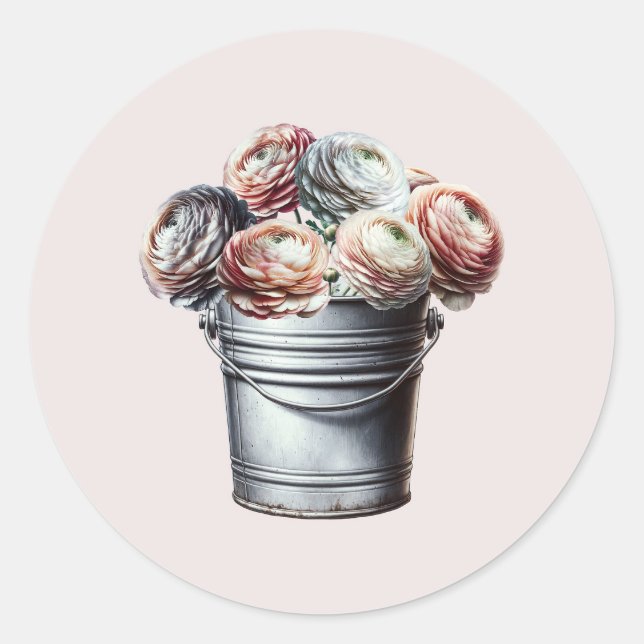 Ranunculus in Tin Pail Rustic Glam Pink Bridal Classic Round Sticker (Front)