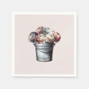 Ranunculus in Tin Pail Rustic Glam Pink Bridal Napkin