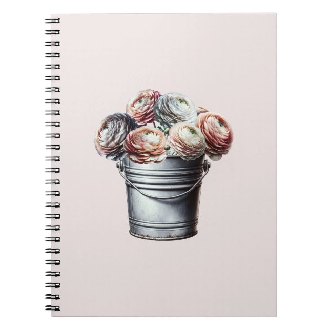 Ranunculus in Tin Pail Rustic Glam Pink Notebook (Front)