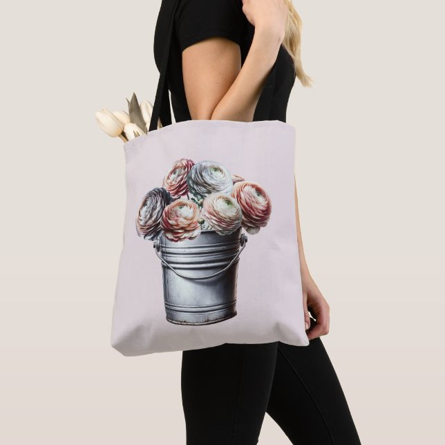 Ranunculus in Tin Pail Rustic Glam Pink Tote Bag (Close Up)