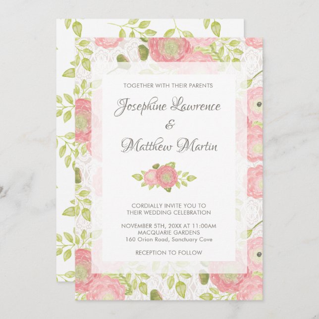 Ranunculus & Lace Peach Floral Wedding Invitations (Front/Back)