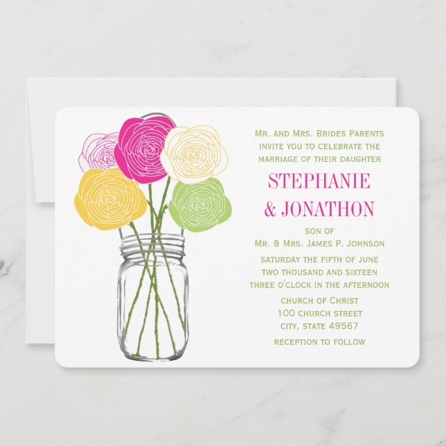Ranunculus Rose Lime Fuchsia Yellow Mason Jar Invitation (Front)