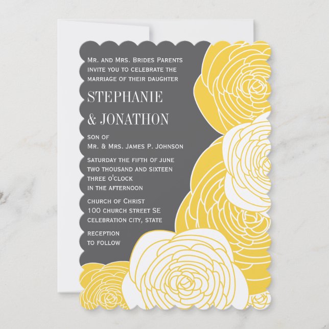 Ranunculus Rose Lime Yellow Gray Modern Wedding Invitation (Front)