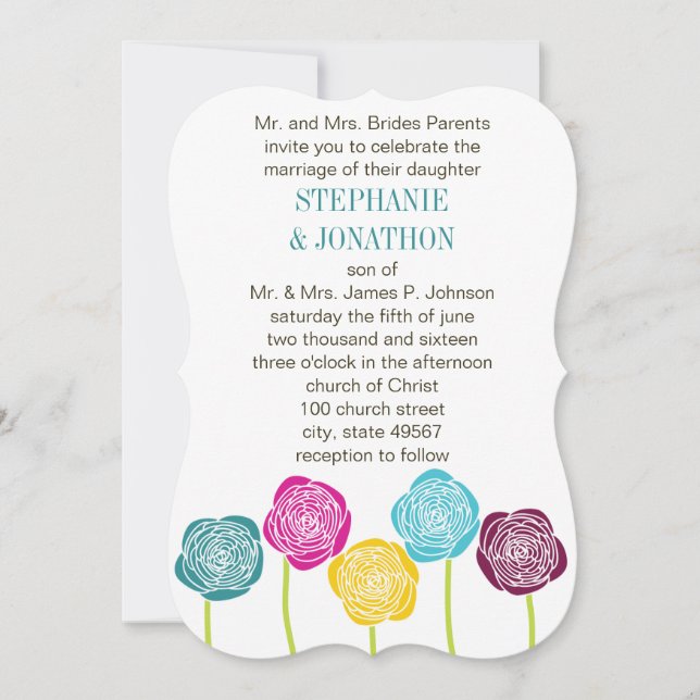 Ranunculus Rose Teal Violet Pink Yellow Wedding Invitation (Front)