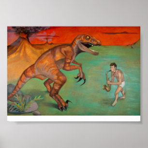 "Raptor vs Sax" saxophone player with dinosaur Poster