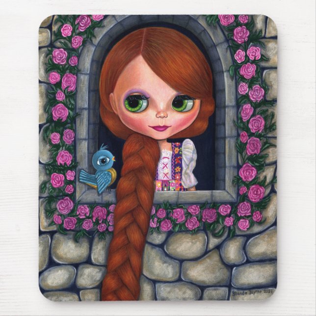 Rapunzel Big Eyes Girl Doll Cute Redhead Bluebird Mouse Pad (Front)