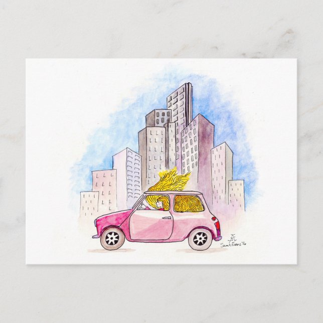 Rapunzel Drives a Mini Cooper Postcard (Front)