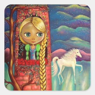 Rapunzel in Pink Tower with Unicorn Friend Square Sticker