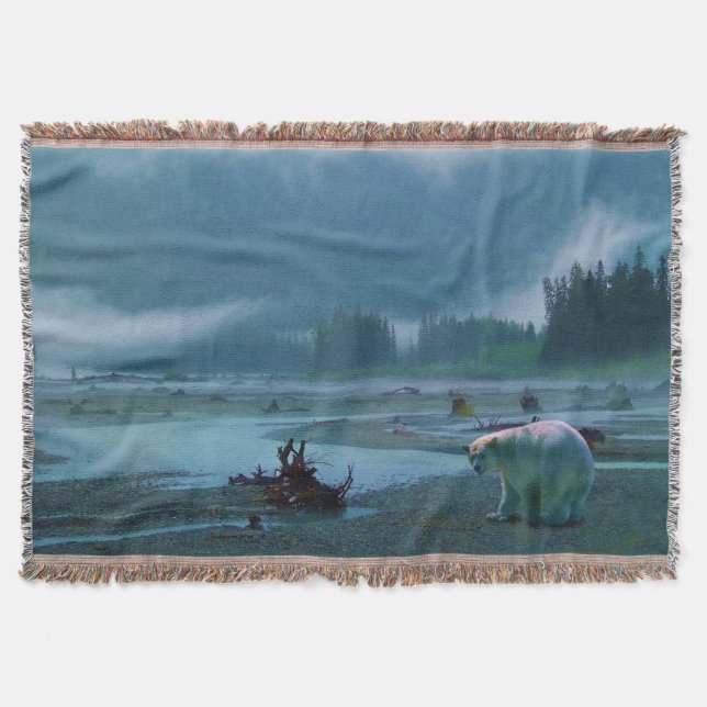 Rare Spirit Bear and Misty River Wildlife Scene Throw Blanket (Front)