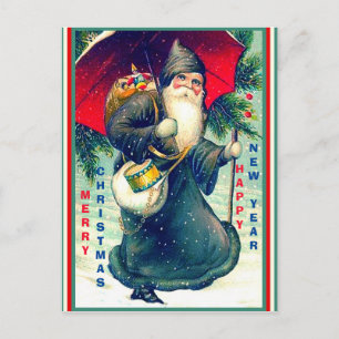 Rare Vintage Santa w/ Red Umbrella, Black Clothes Postcard