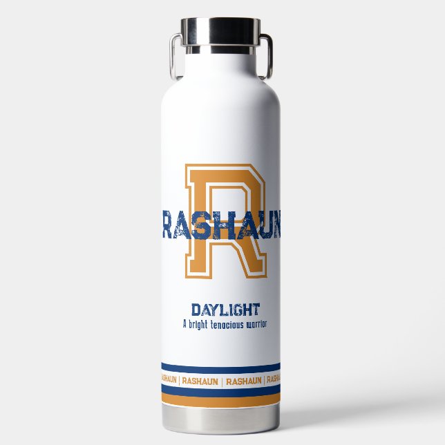 Rashaun name meaning sports monogram  water bottle (Front)